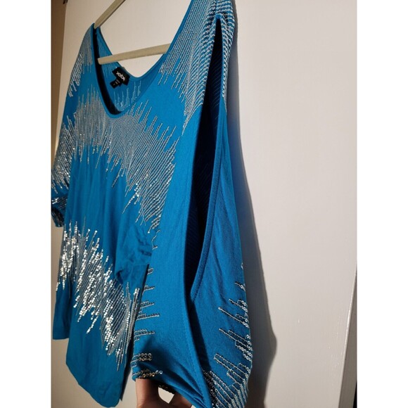 Vintage Y2K 00s Bebe Small S Teal Sequin Embellished Bling Cold Shoulder Top - Picture 5 of 8